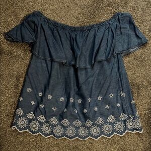 Navy Blue Off-Shoulder Top with White Embroidery